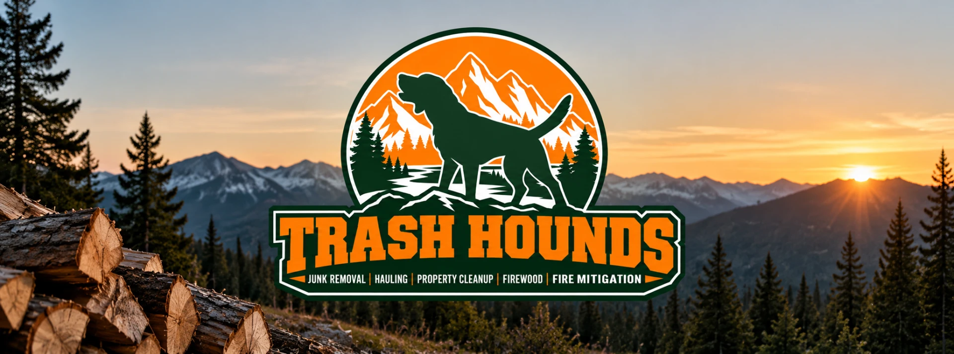 Trash Hounds logo over the Colorado mountains at sunset